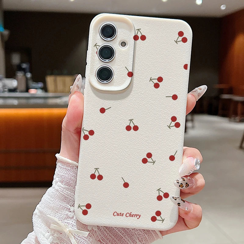 Red Cherry Case For Samsung Galaxy S25 Edge S26 S24 S23 S22 Ultra Plus S25 S24 FE A57 A37 A17 A56 A55 A36 A15 A16 Silicone Cover