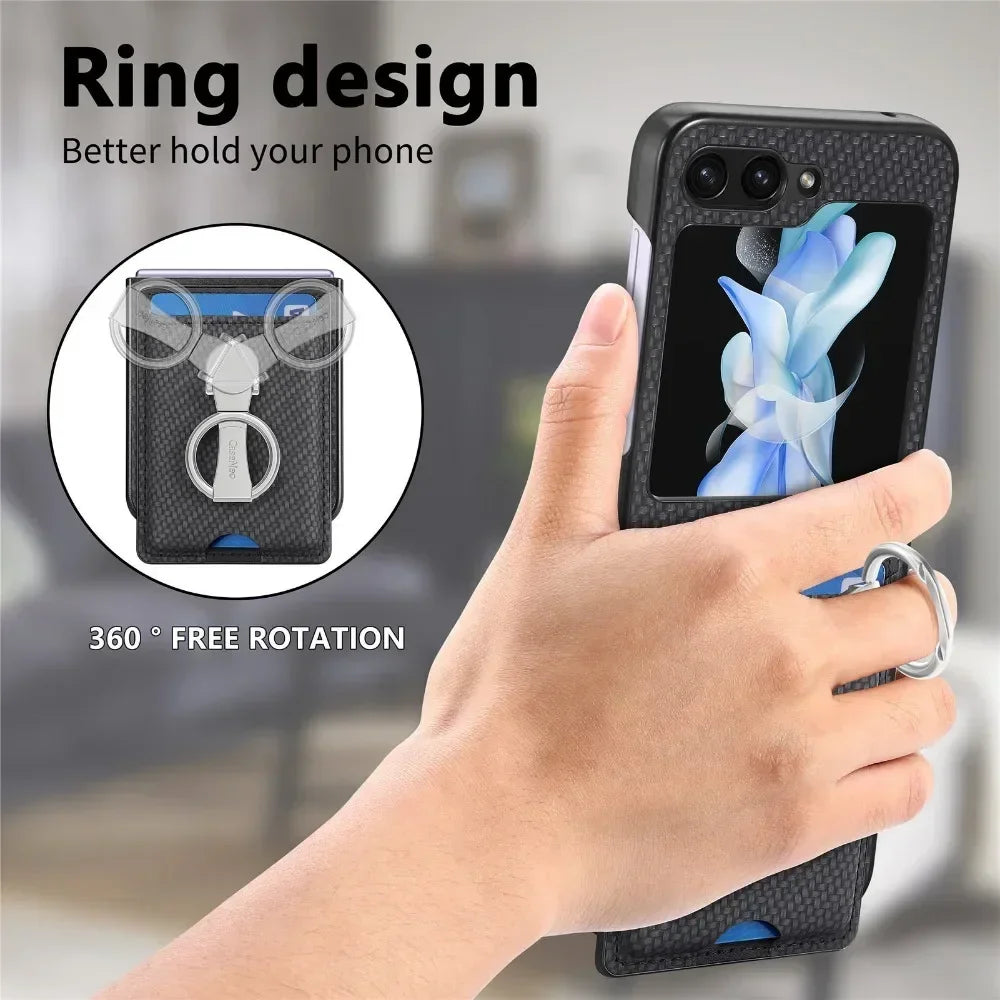 Luxury Ring Stand Leather Phone Case for Samsung Galaxy Z Flip 8 Flip 7 6 5 4 3 Flip7 FE Wallet Card Slot Shockproof Cover