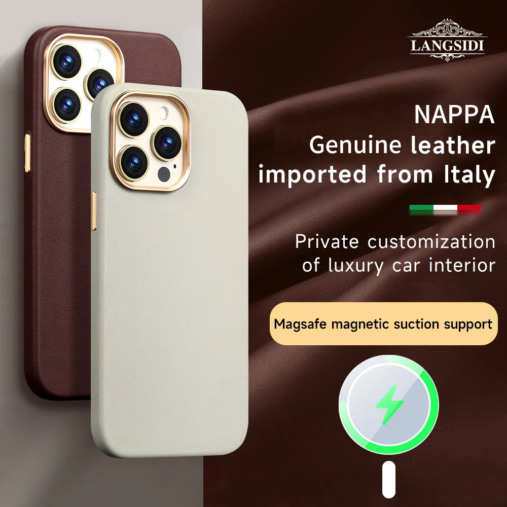 LANGSIDI Original Genuine Leather Magnetic Phone Case for iPhone 12 13 14 Pro 14 Plus 14Pro Wireless Charging for Magsafe Case