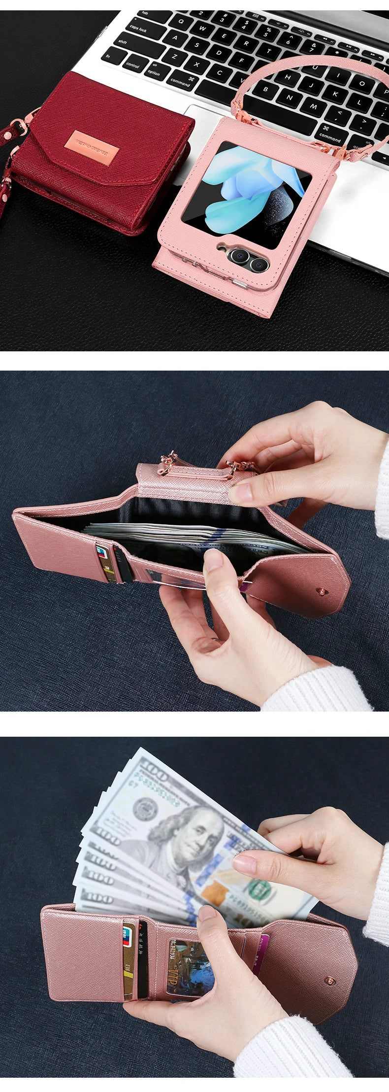 Compatitable With Galaxy Z Flip 8 Case, Girls Women Leather Wallet Phone Case With Hand Strap For Samsung Z Flip 7 Flip 6 5 4 3