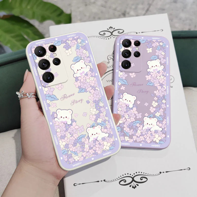 Flower Bush Bear Phone Case For Samsung Galaxy S25 FE S24 S23 S22 S21 S20 Ultra Plus FE S10 Note 20 Ultra 10 9 Plus Cover