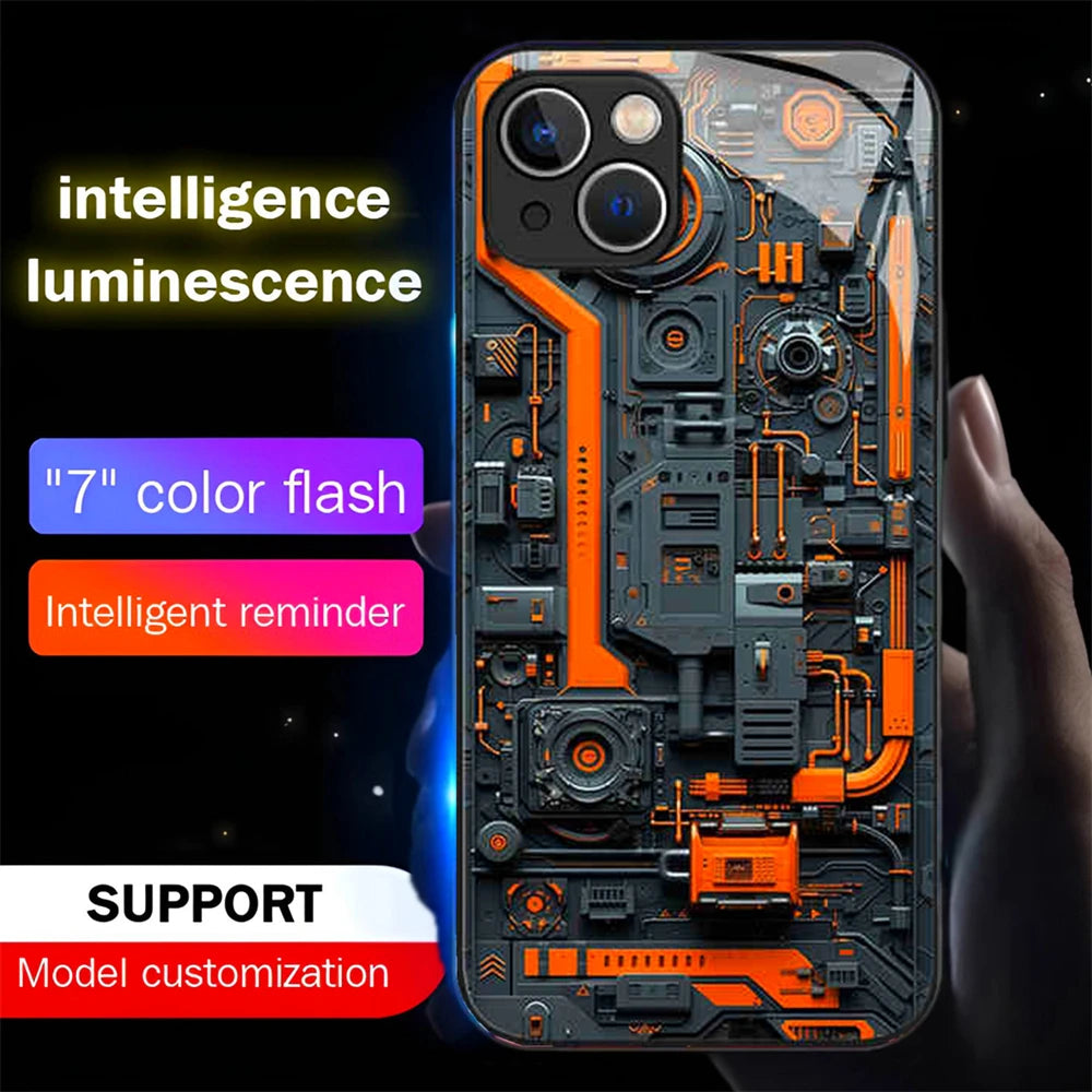 Cool PCB Structure Smart LED Light Glow Tempered Glass Phone Case For iPhone Air 17 E 16 E 15 14 13 12 11 Pro Max XS XR Plus