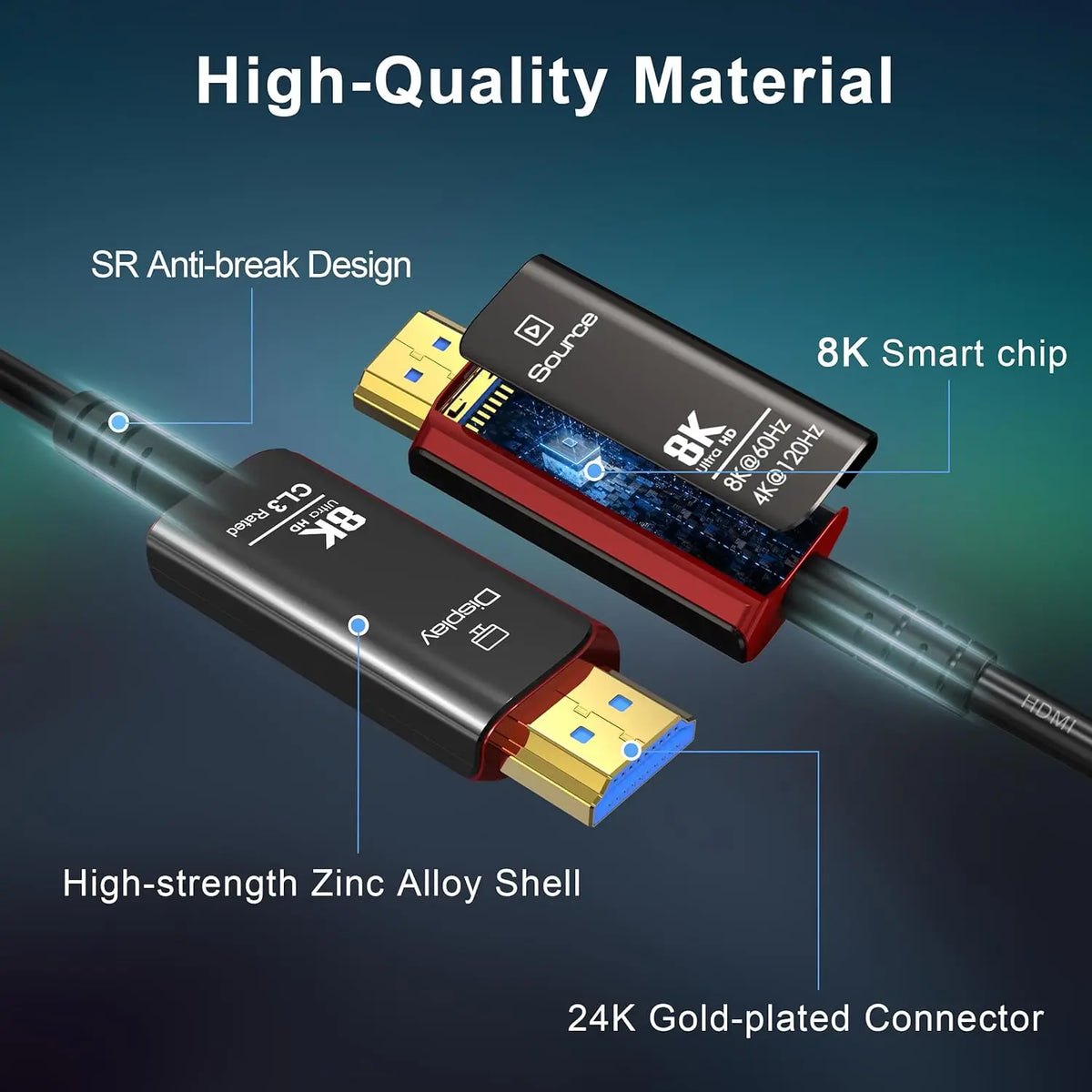 HDMI Cables 50FT,8K HDMI 2.1 Fiber Optic Cable CL3 Rated,48Gbps 8K@60 4K@120Hz/144Hz,eARC HDCP 2.2&2.3,Compatible for Xbox/PS5