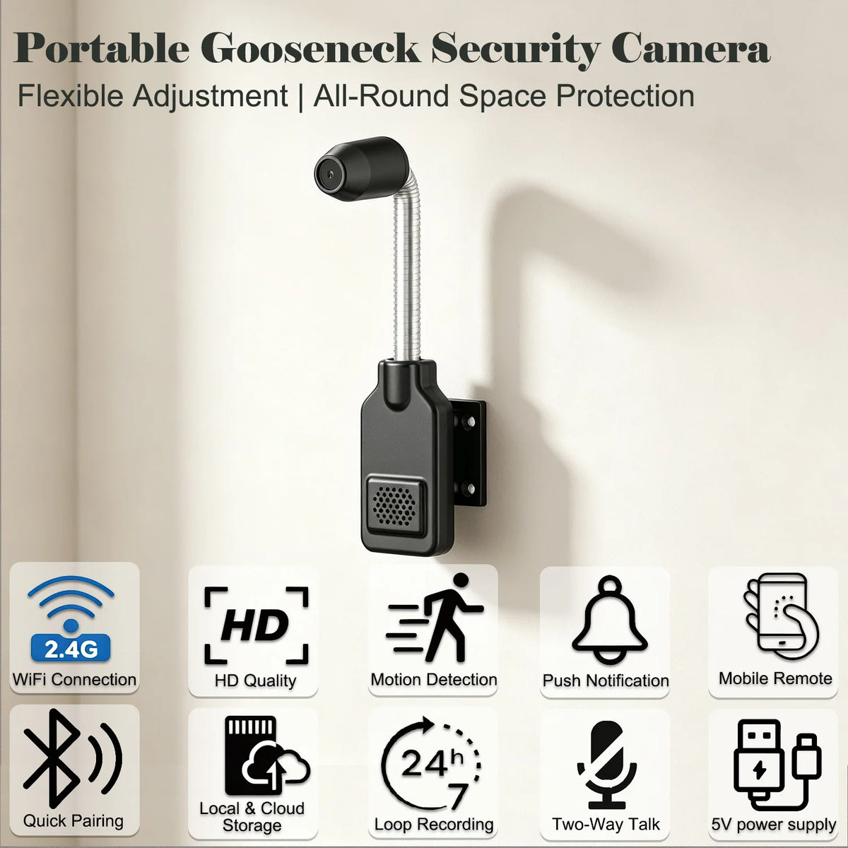 PNZEO Smart Flexible Gooseneck Baby & Pet Monitor Camera Motion Detection Two-Way Audio Home Security Camera