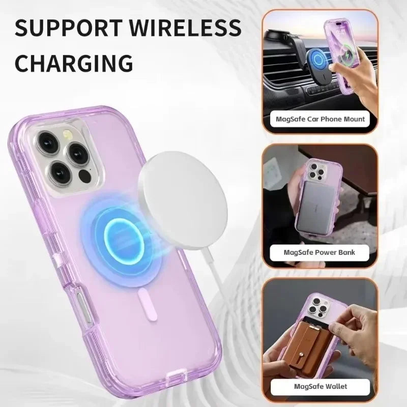 Rugged OTT Armor Magnetic Wireless Charging Clear Case for IPhone 17 Air 16 15 14 Plus 13 12 Pro Max Enhanced Shockproof Cover