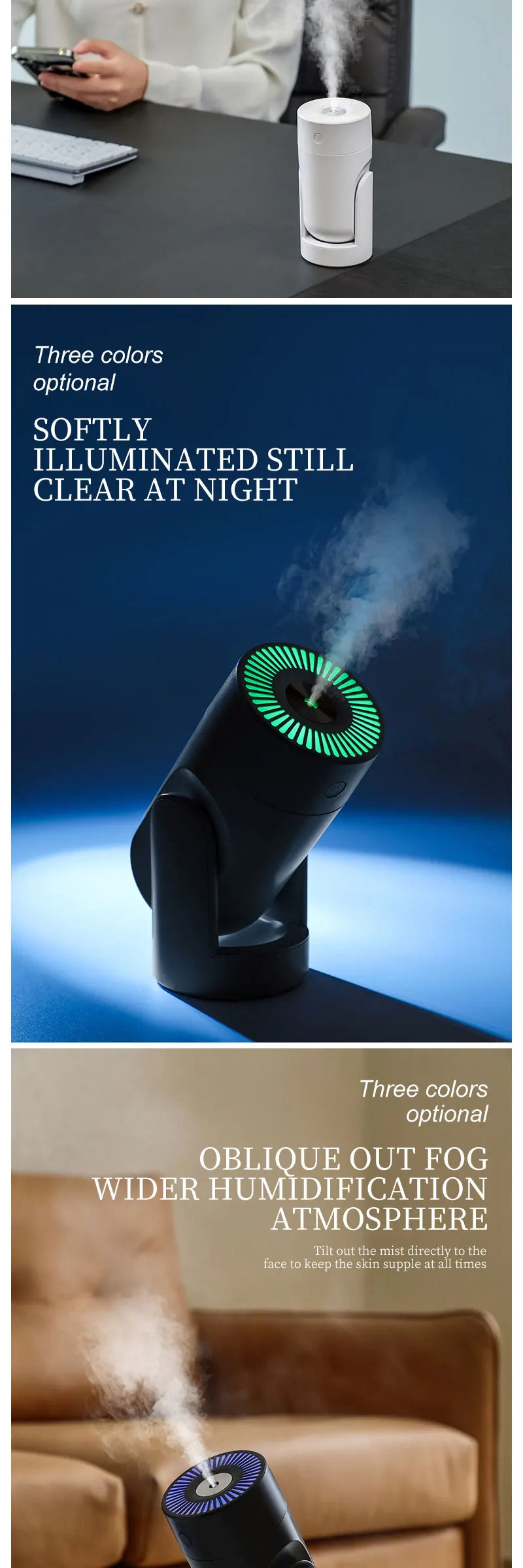 "360° Oscillating Humidifier & Air Purifier: Smart Desktop Mist Control with Ultra-Quiet USB Operation"