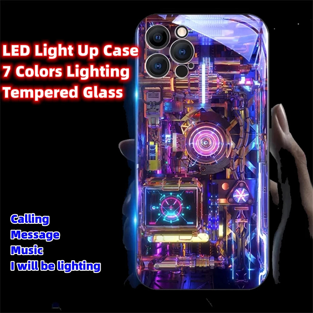 Cool PCB Structure Smart LED Light Glow Tempered Glass Phone Case For iPhone Air 17 E 16 E 15 14 13 12 11 Pro Max XS XR Plus