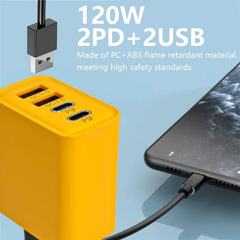 120W 4-Ports USB Type-C Charger Fast Charging Data Cable USB Phone Charger Adapter For Xiaomi IPhone17 16 15 Huawei Wall Charger