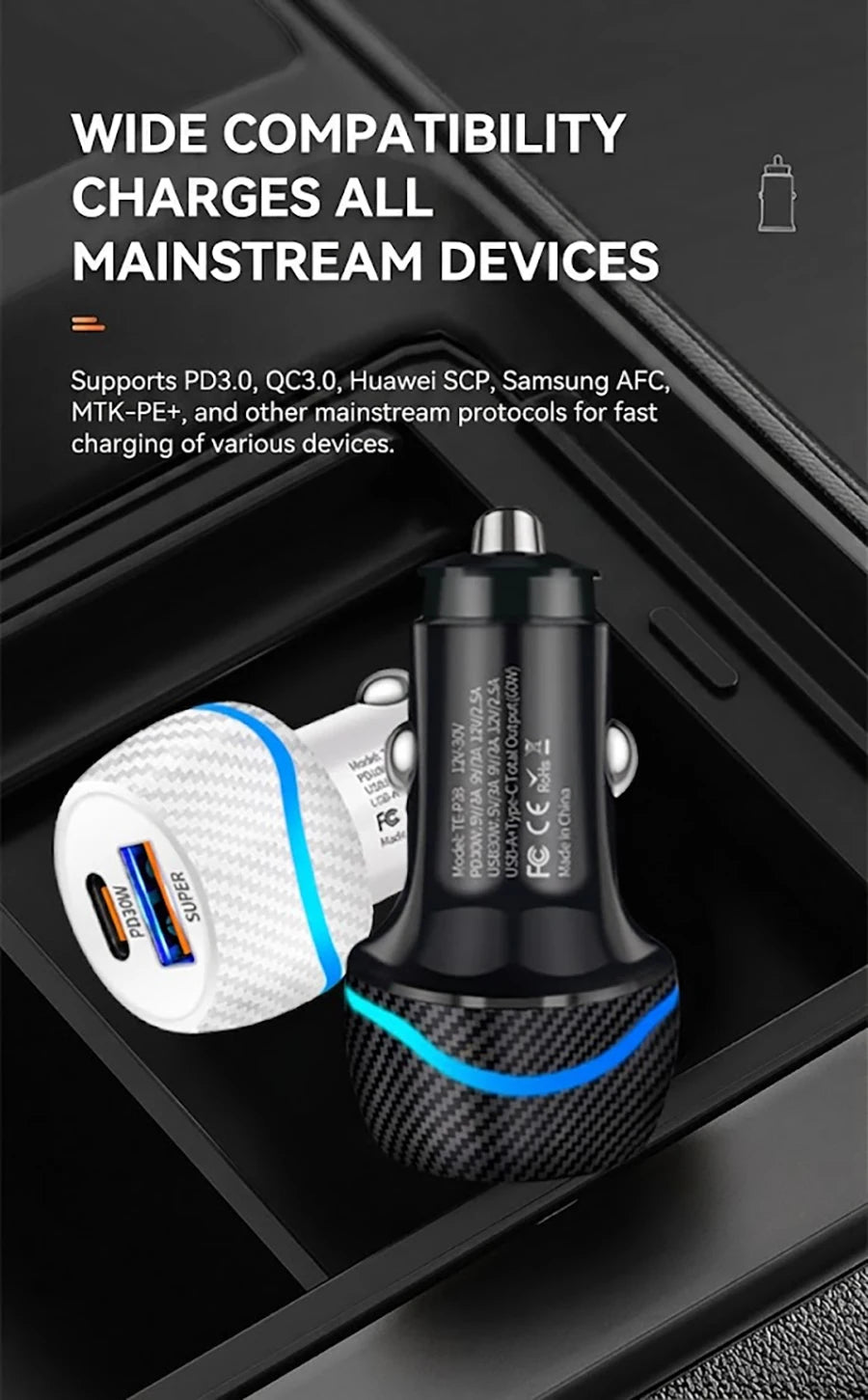 60W Dual Port Car Charger Carbon Fiber Style USB C PD 30W QC 30W Fast Charging Auto Cigarette Lighter For iPhone For Samsung