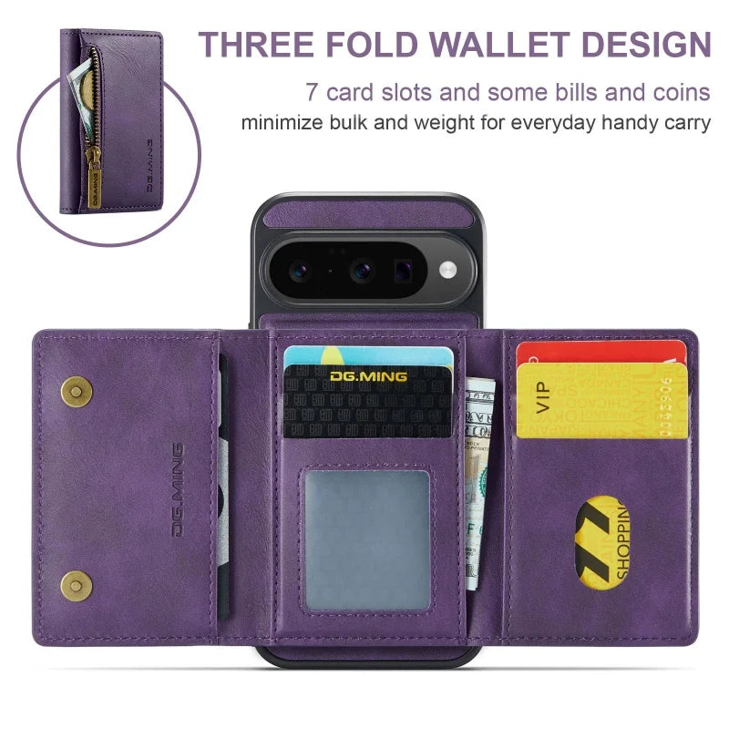 DG.MING Zipper Leather Wallet Phone Case for Google Pixel 10 Pro XL Pro 9 8 2 IN 1 Detachable Card Holder Funda Cover Hoesje Bag