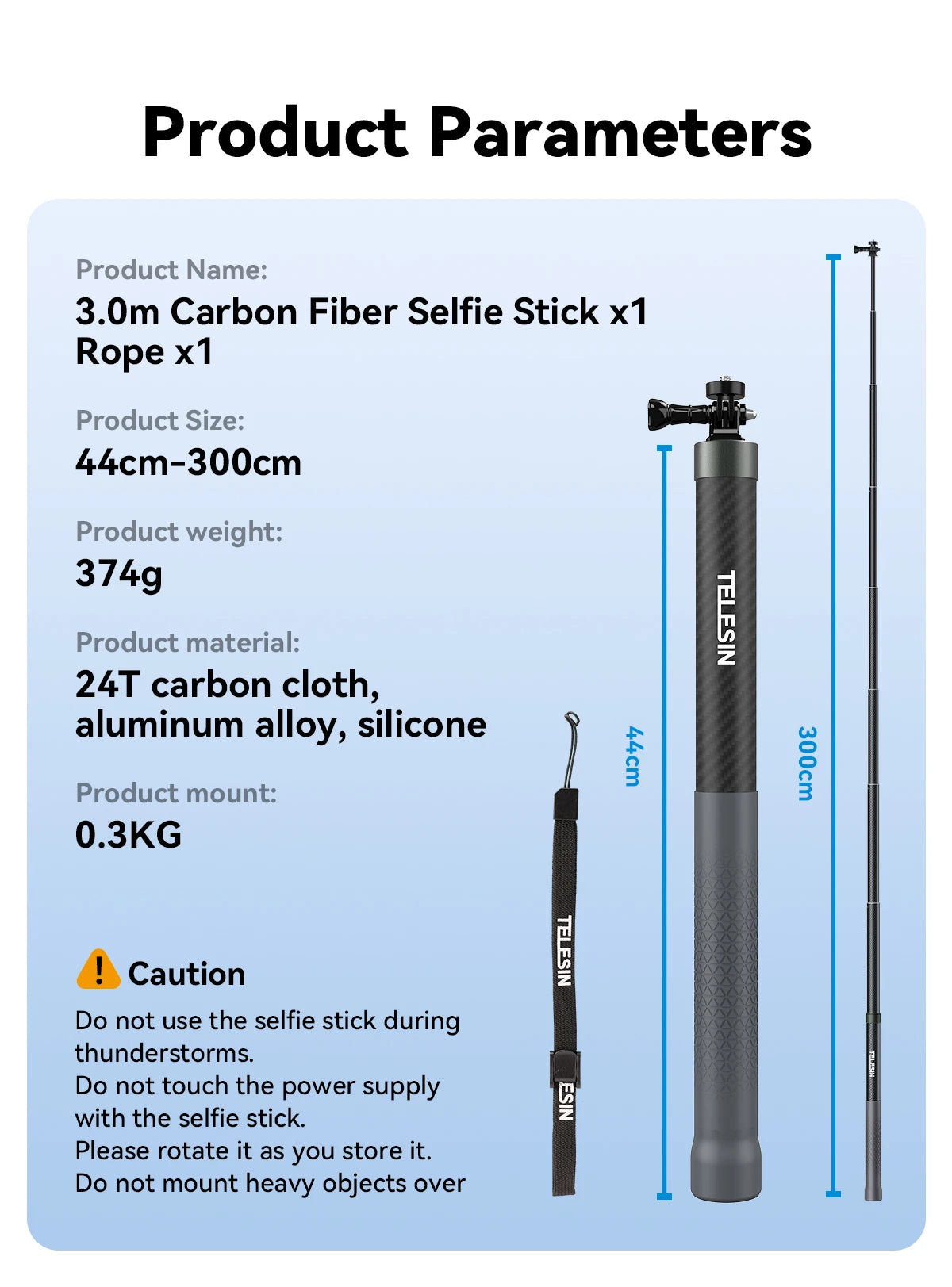 TELESIN 1.2M 3M Carbon Fiber Selfie Stick Monopod Extendable With 1/4 Screw For GoPro Insta360 Osmo Action DJI Action Camera