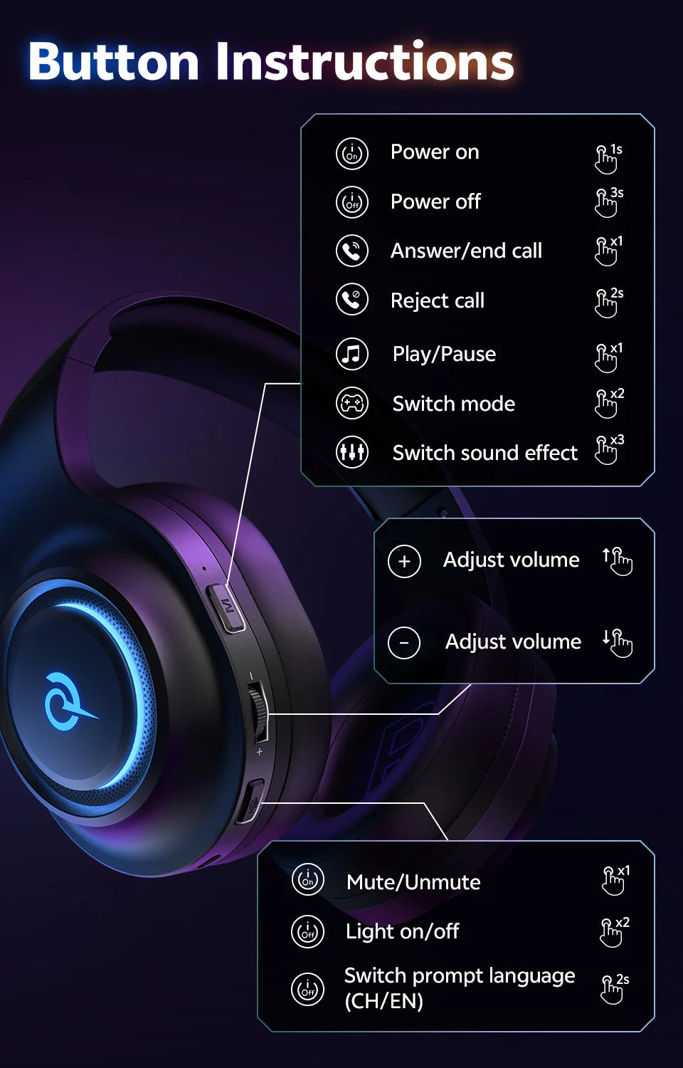 QCY Heroad V200 Gaming Headset Bluetooth 6.0 with Mic 50mm Driver 7.1 Surround Sound RGB Over Ear Headphones for PC Laptop PS4/5