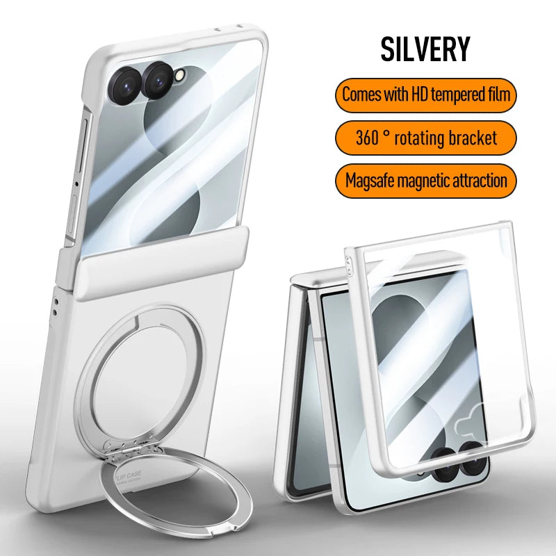 Magnetic Wireless Charging Matte Case For Samsung Galaxy Z Flip 8 7 With Rotating Bracket Hinge Tempered Film Shockproof Cover