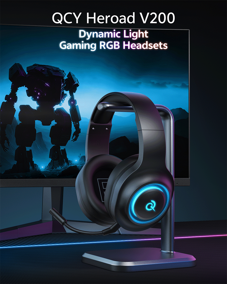 QCY Heroad V200 Gaming Headset with Mic Tri-Mode RGB Over Ear Headphones 7.1 Surround Sound 50mm Drivers for PC Headset Gamer