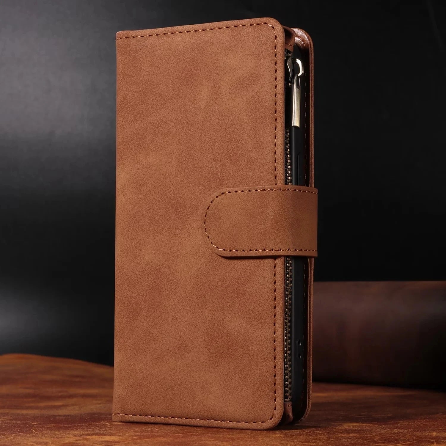 Zipper Flip Leather Case For iPhone 16 17 Pro Max Air 16E 15 14 13 12 11 Pro Max Plus Business Wallet Card Slot Phone Cover