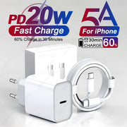20W USB C PD Charger Quick Charge 3.0 USB Type C Phone Chargers Cable Fast Charging Adapter For iPhone 16 15 14 13 12 11 Pro Max