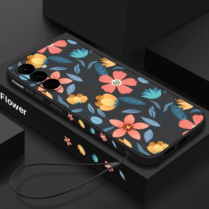 Colorful Flower Case For Samsung Galaxy S24 S23 S22 Ultra S21 FE S26 A56 A15 A35 A55 A52 A53 A54 5G S25 Silicone Lanyard Case