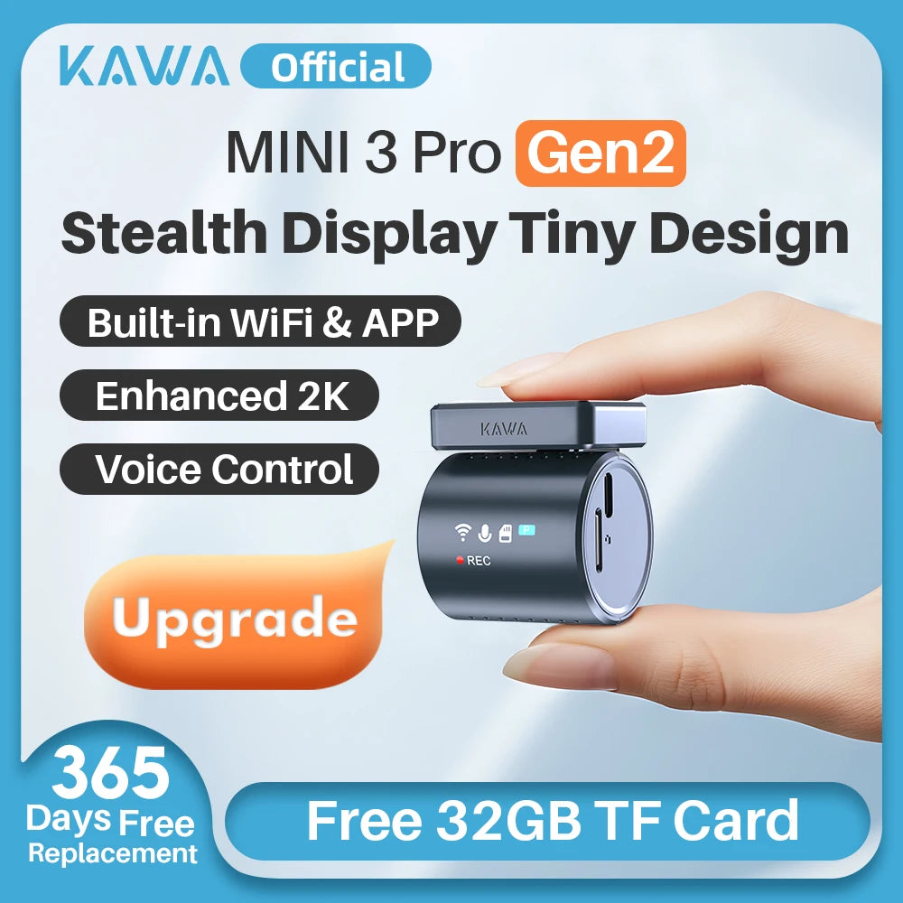 Dash cam KAWA MINI3 Pro Gen2 Car Dvr 2K Auto Video Recorder Upgrade Car Camera,WiFi&APP/Voice Control,Night Vision Tiny Dashcam
