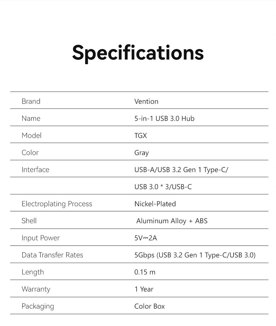 Vention USB A 3.0 HUB Metal Shell USB C 3.2 Gen 1 5Gbps Multi Adapter Splitter for Macbook Air Dell Lenovo PC Desktop Multi Hub