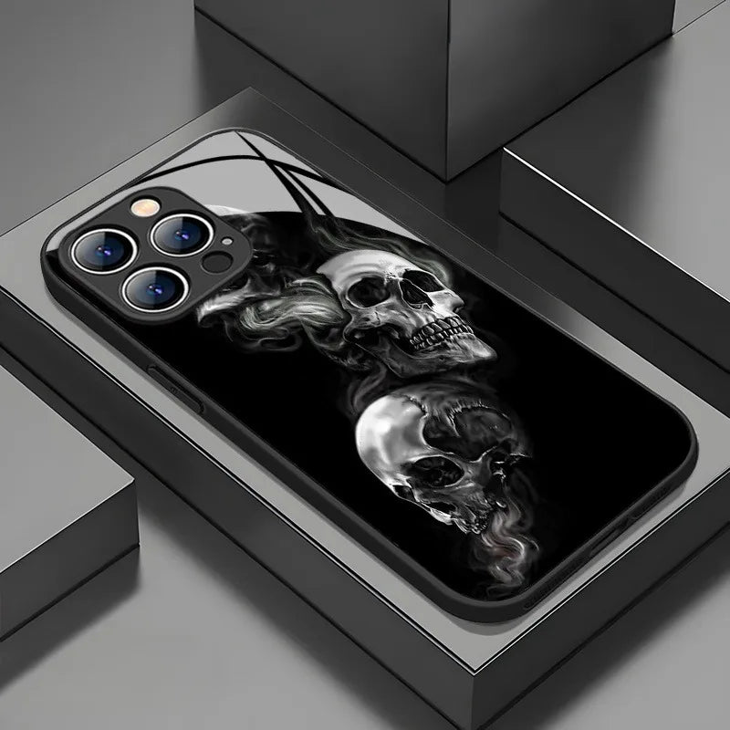 Trendy Skull Pattern Glass Material Phone Case For iPhone 17 Pro Max 16 15 14 13 12 11 Pro 16E 17Air 7 8 15 Plus XR XS X Cover