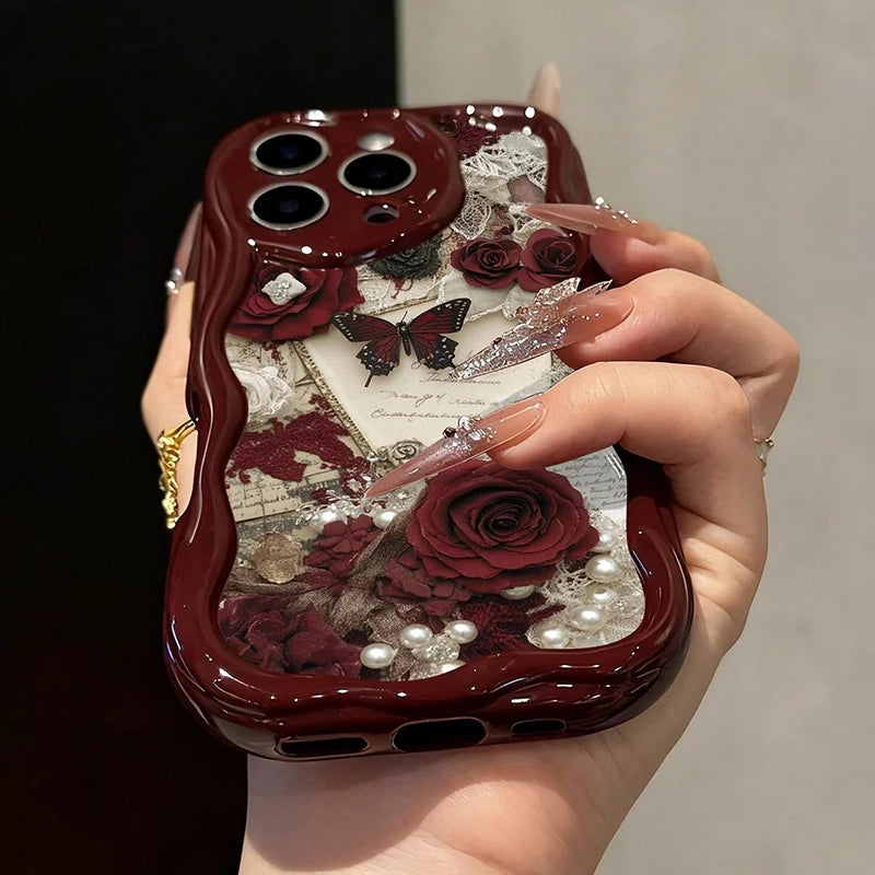 Butterfly Painted Flat Printing Wine Red Cream Texture Soft Phone Case For iPhone 17 16 15 14 13 12 11 Pro Max 16 Plus 17e Cover