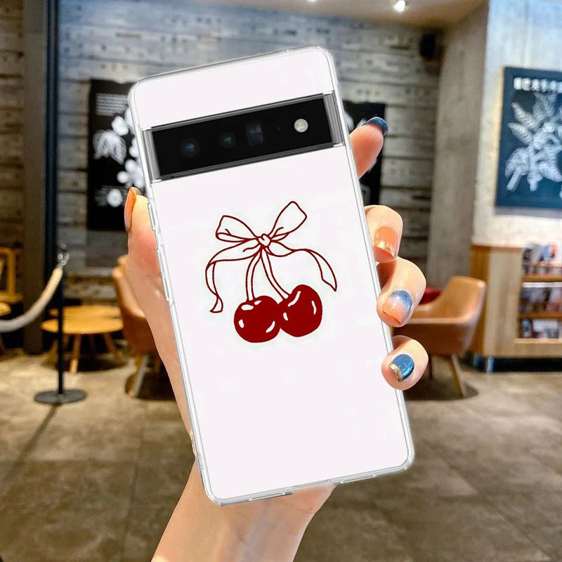 Cute Cherry Bow Phone Case For Google Pixel 9 8 7 6 Pro XL 8A 7A 6A 5 4 5A 4A 3A XL 5G soft Silicone Clear TPU Cover