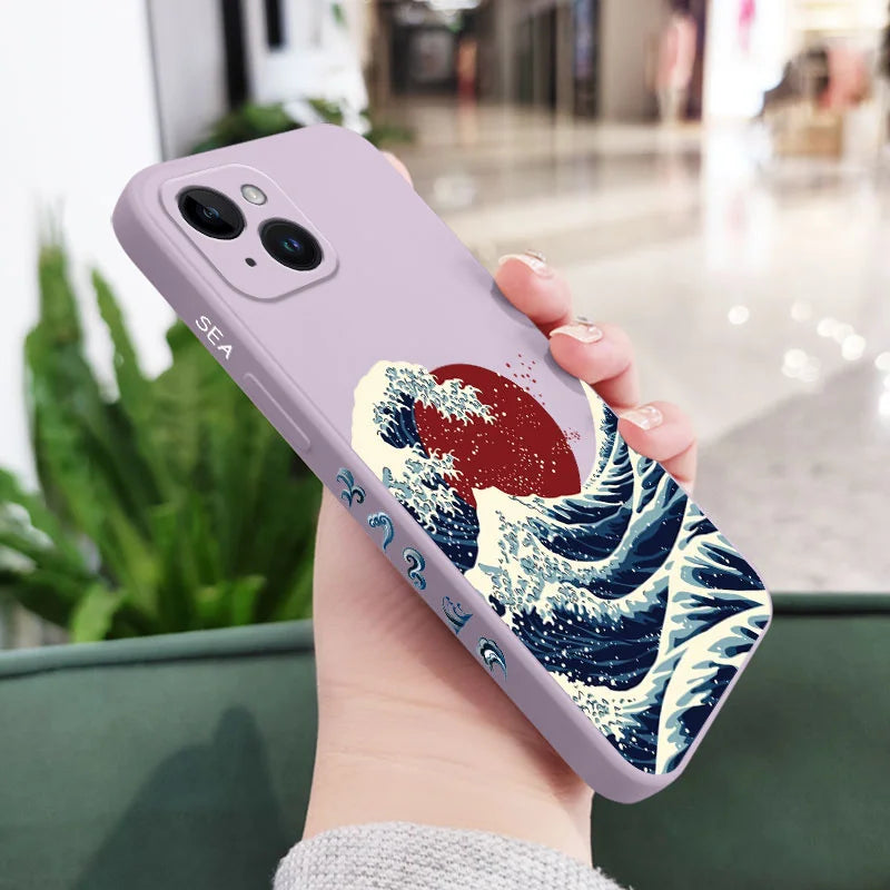 Red Sun Sea Waves Phone Case For iPhone 17 Air 16 16E 15 14 13 12 11 Pro Max Mini X XR XS  8 7 Plus 6 6S Plus Cover