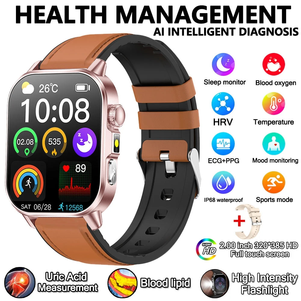 2026 New Model Uric Acid & Lipid Health Analysis Smart Watch Men ECG+PPG Bluetooth Call 2.01-inch Flashlight Smartwatch Women