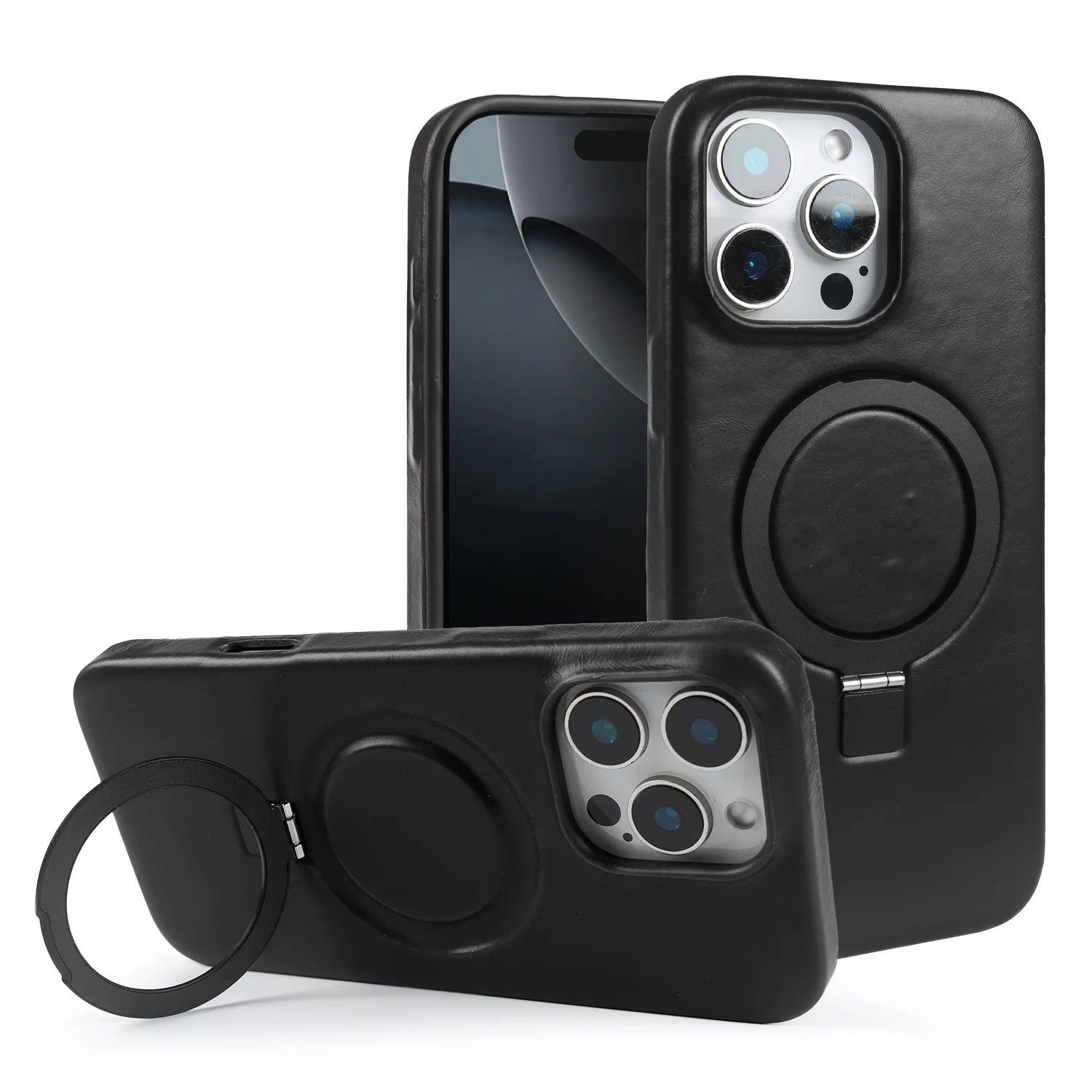 Stand Bracket Genuine Leather Case For iphone 16 Pro Max 16e 15pro 14 13 12 11 Full Wrapped Phone Cases Cover+Magnetic Holder