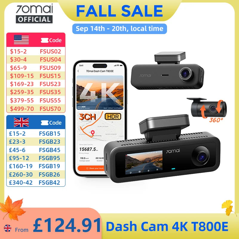 70mai T800E 3-Channel Dash Cam, 4K HDR f/1.55 Built-in GPS Voice Control, Supercapacitor 24H Parking Mode 3-in-1 Car Camera
