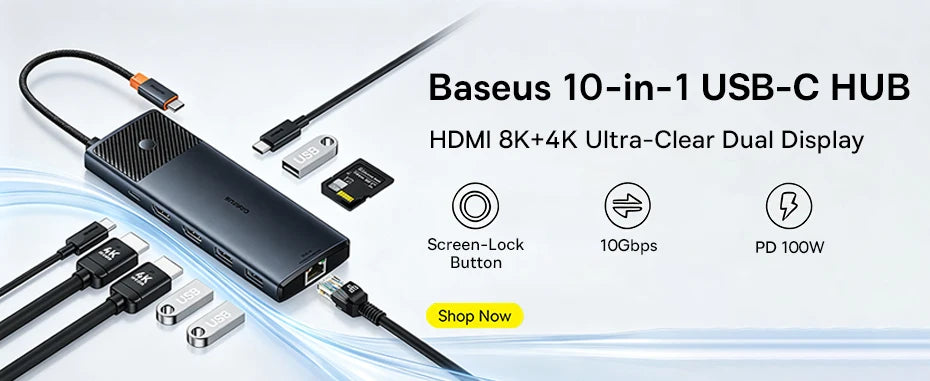 Baseus USB C Hub to DP 4K@60Hz HDMI DisplayPort 11-IN-1 Docking Station Triple Display RJ45 PD 100W For Window Mac USB 3.1 HUB