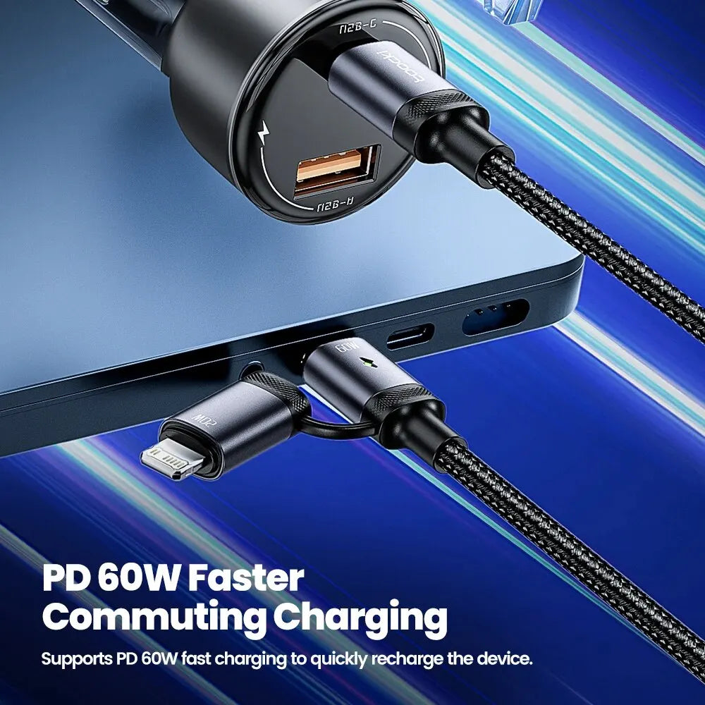 Toocki 2 in 1 PD 60W Type C Cable For iPhone 15 Pro Samsung S23 Xiaomi 2.4A Fast Charging USB Car Spring Cable For iPhone 14 13