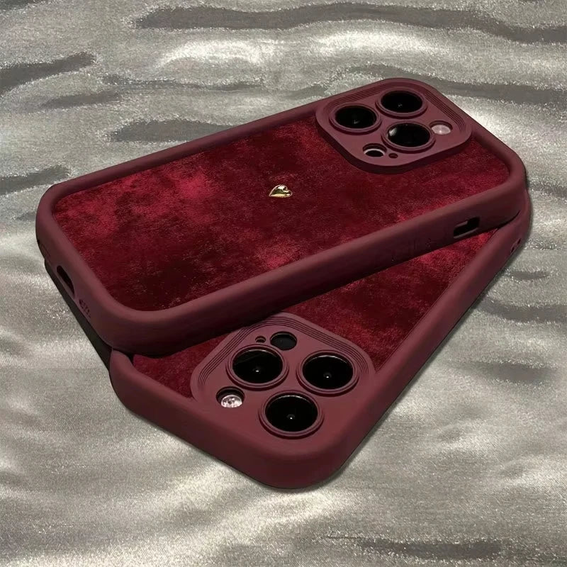 Burgundy Suede With Golden Heart Pattern TPU Case For Samsung Galaxy S25 S24 S23 S22 S21 S20 FE Plus Ultra A15 A35 A54 A55 Cover