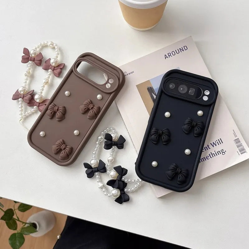 Bow Tie Pearl Chain Rope Phone Case For Samsung Galaxy S25 Edge S24 FE S23 S22 S21 FE S20 S25 FE Ultra Plus A07 A17 M36 5G Cover