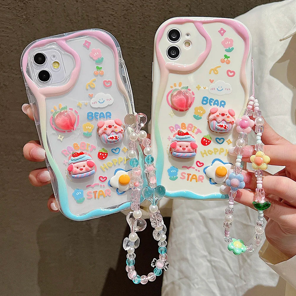 Cute 3D Pig Bracelet Wrist Chain Lanyard Clear Soft Phone Case For iPhone 17 16 13 14 15 Pro Max 11 12 XR XS X 7 8 Plus SE Cover
