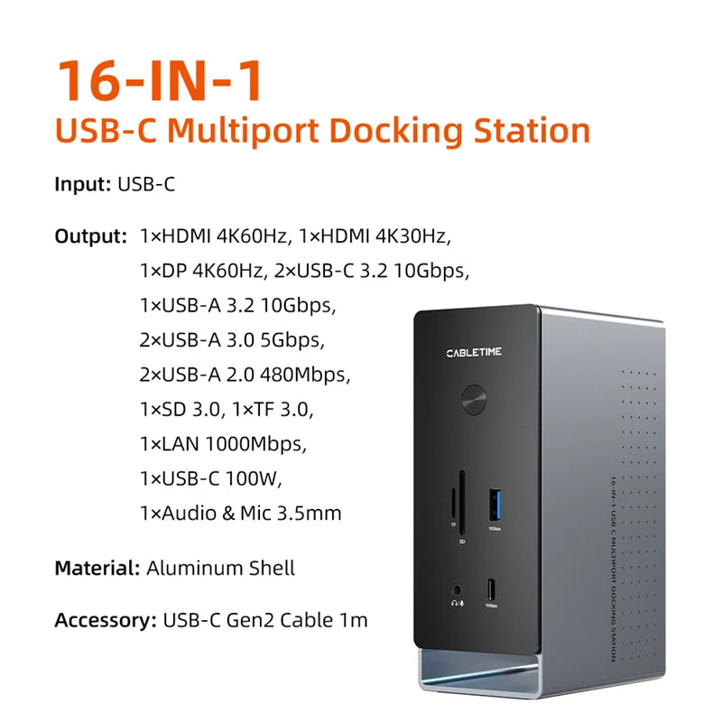 CABLETIME 16 IN 1 USB C Docking Station 4K HDMI-compatible M.2 SSD Enclosure Ethernet 100W PD Dock Hub SD/TF Working Station