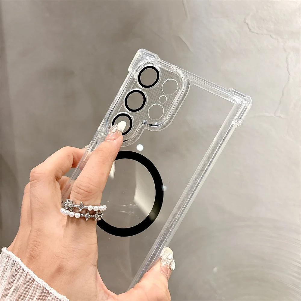 Transparent Armour Magnetic Case For Samsung S26 S25 S23 S24 Plus S21 S22 Ultra Corners Reinforced Shockproof Protection Cover