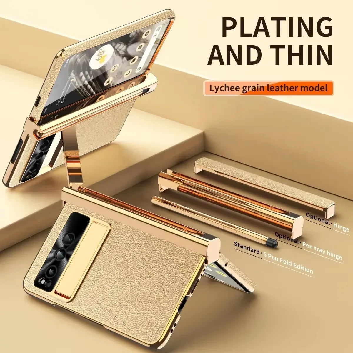 Phone case For Google Pixel Fold Plain Leather Plating Bracket Double Hinge with Pen Shell Film All-inclusive Protective Case