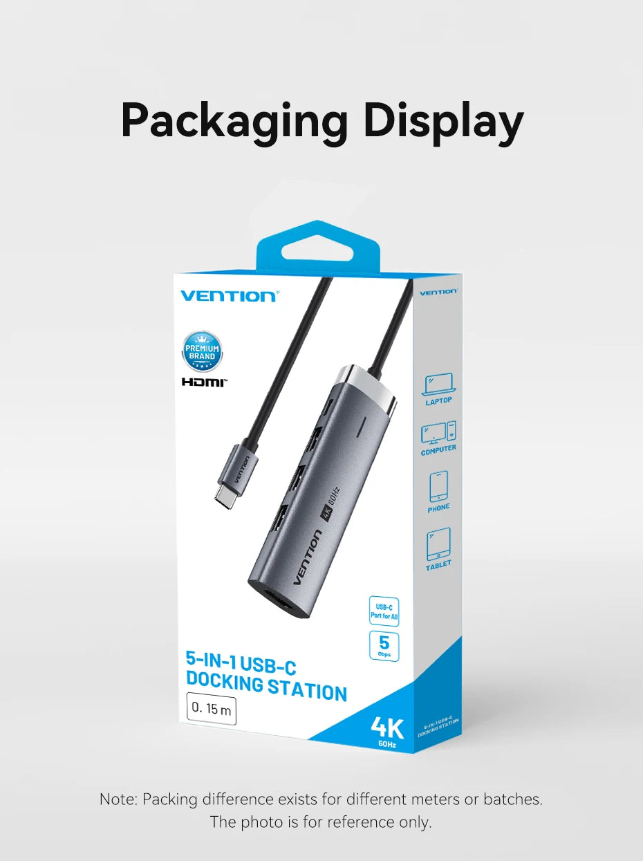 Vention 5 in 1 USB C 4K 60Hz HDMI HUB USB 3.0 HUB PD 100W Multiport Docking Station Adapter for MacBook Dell iPhone iPad Android