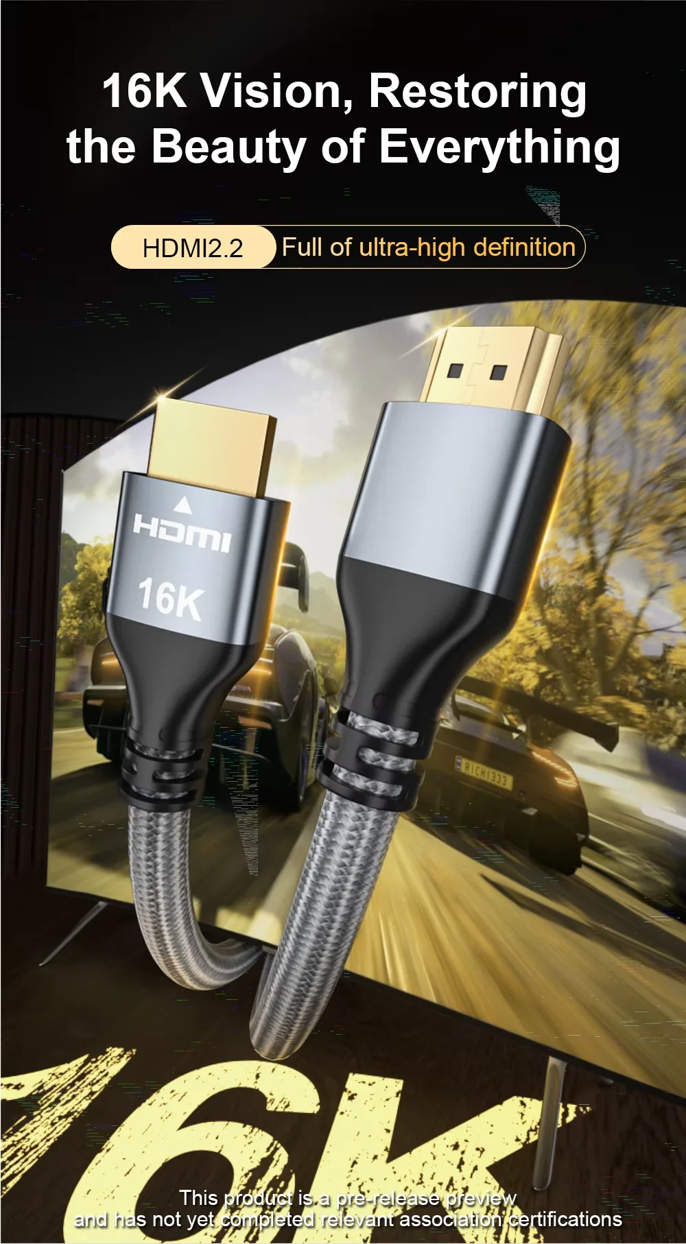 16K HDMI 2.2 Cable, 8K@120Hz HDMI Cable 10FT/3M for HDTV Box Projector PS5 Ultra High Speed Computer Cable