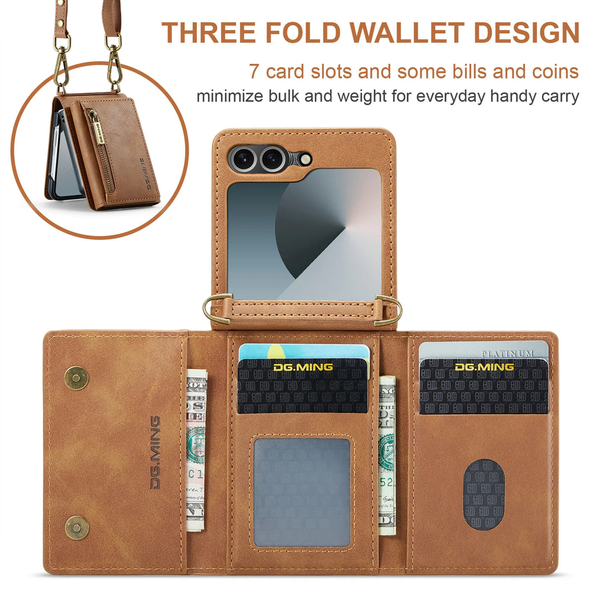 2 in 1 Luxury Leather Flip Phone Case For Samsung Galaxy Z Flip 8 7 6 5 4 3  Magnetic Wallet Card Solt Zipper Lanyard Cover ﻿