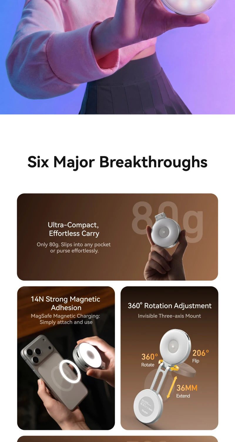TELESIN Magnetic 360° Rotation RGB Fill Light Mini Selfie Light 3 Mode Adjustable Color Brightness for Smartphone Iphone Android
