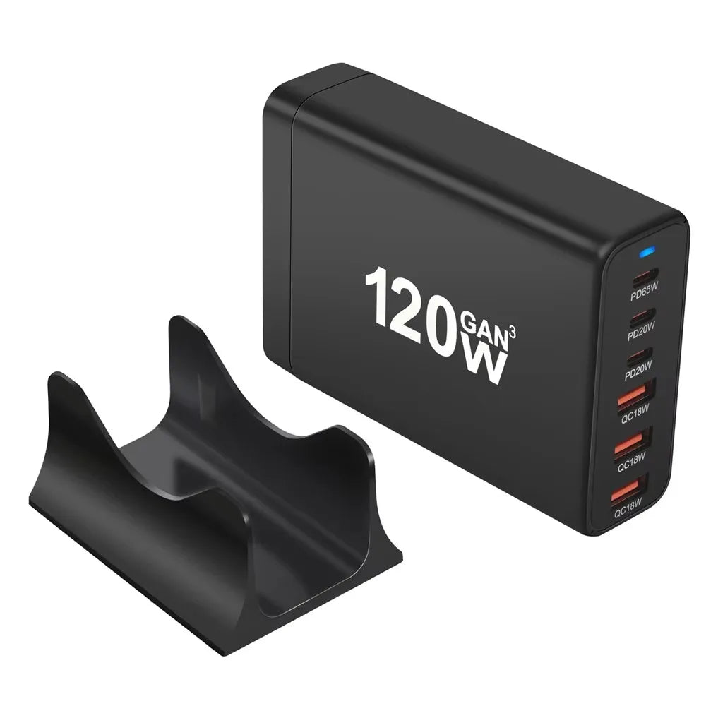 120W GAN Multi USB Charging Station 6-Port Hub Type-C Charger PD Fast Charging Smart Charger for iPhone Samsung Xiaomi