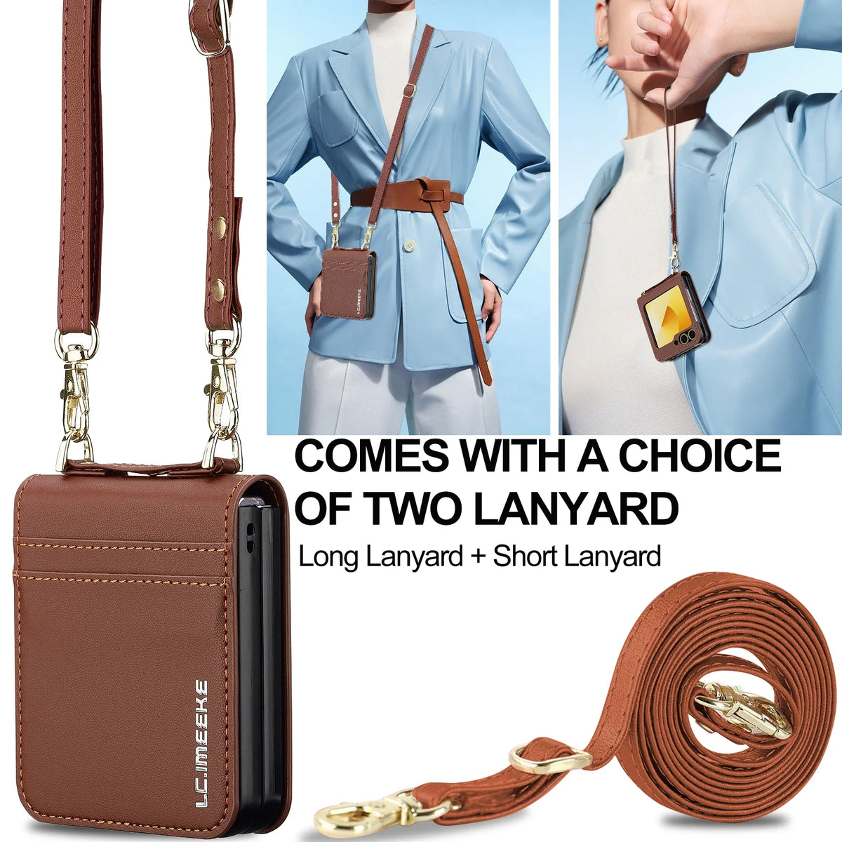 Crossbody Cards Solt Wallet Leather Case For Samsung Galaxy Z Flip 8 7 FE 6 5 4 3 5G Flip6 Flip7 Hand Strap Lanyard Pocket Cover