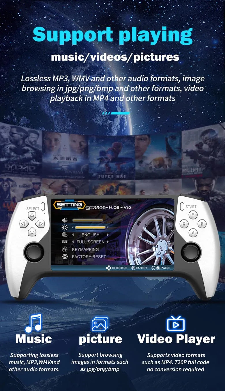 Multifunctional 5 Inch IPS HD Retro Handheld Game Console SF3500 Support Multi-System with FHD Port& Dual Core,256GB Expandable