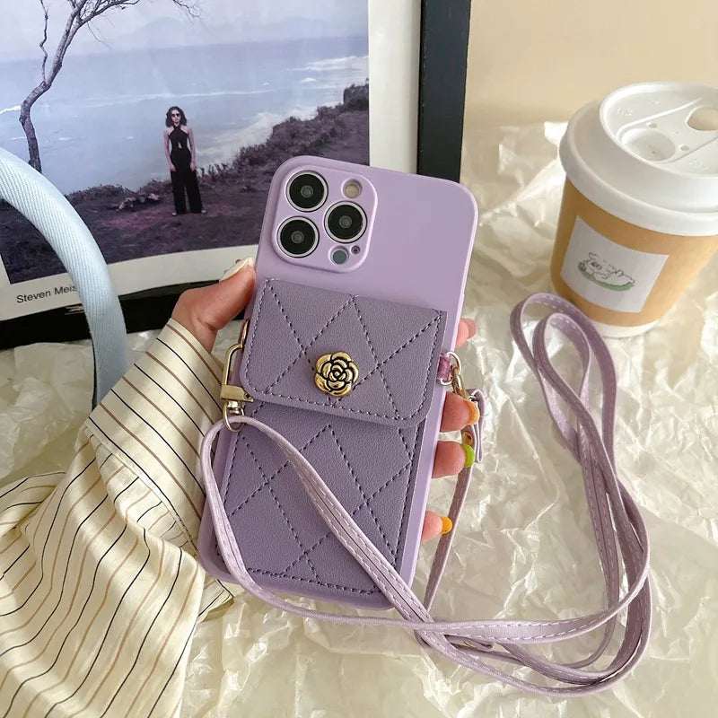 Crossbody Neckband Lanyard Phone Case for iPhone 15 14 11 12 13 Pro Max X XS XR 7 8 Plus Flower Leather Wallet Card Holder Cover
