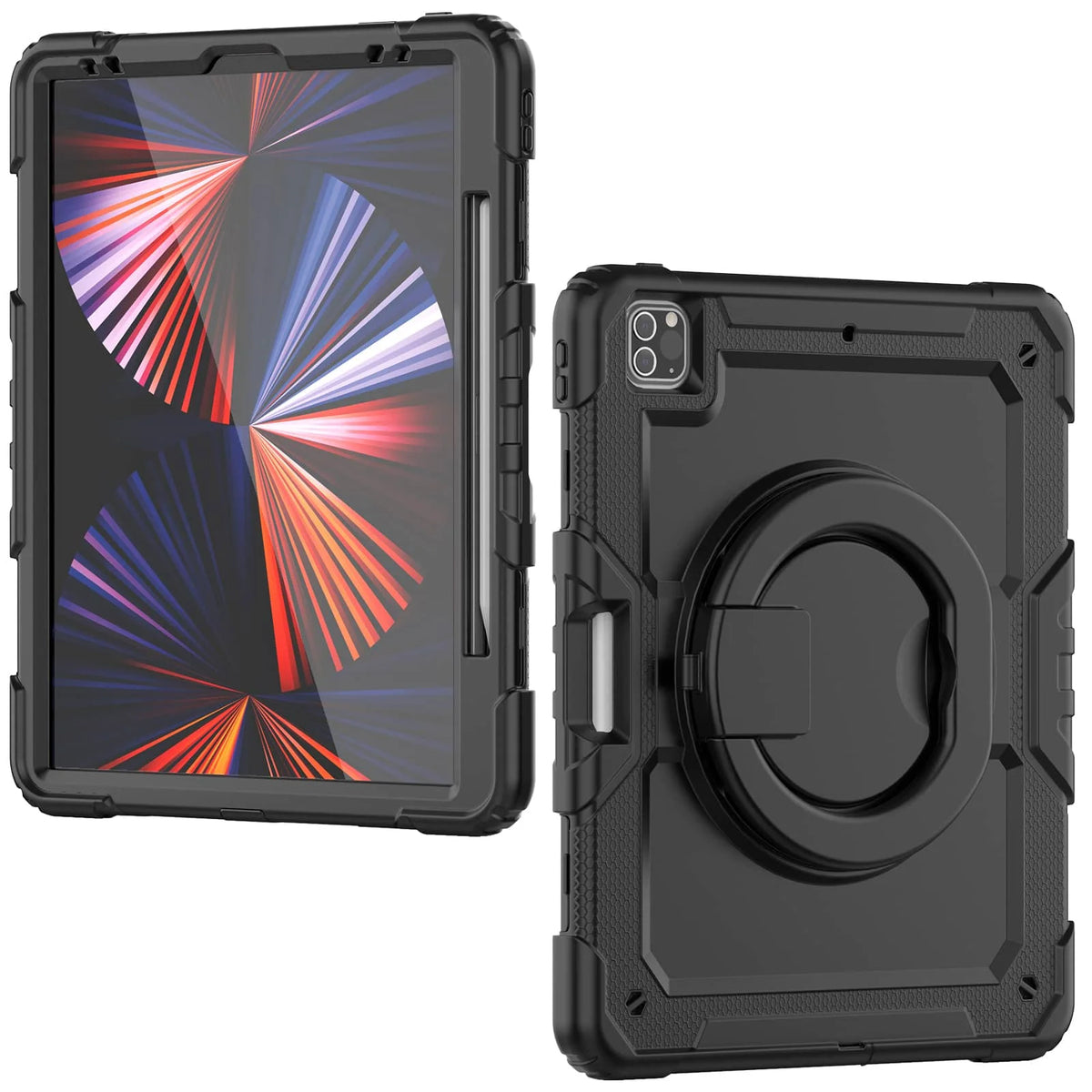 for iPad Pro 12.9'', Military Grade Shockproof Protective Silicone Cover 360 Folding Handle Grip + Handle Shoulder Strap