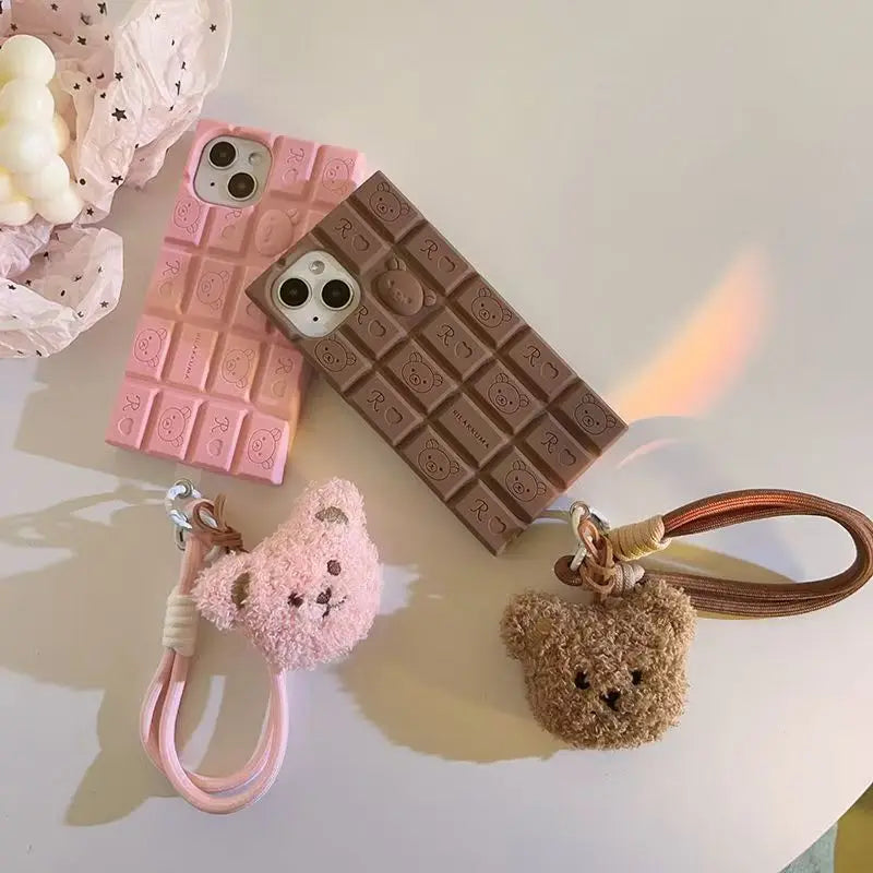 3D Chocolate Rilakkuma Phone Case For iPhone 17 16 Pro Max 15 14 Plus 13 12 11 Pro Max Soft Cover with Cute Bear Wrist Strap