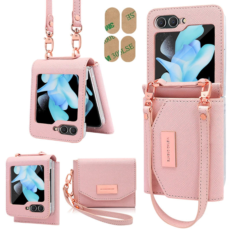 Girls Hand Strap Wallet Leather Phone Case Fit For Samsung Galaxy Z Flip 8 Flip7 6 5 4 3 5g Flip5 Flip4 Flip3 Holder Phone Cover