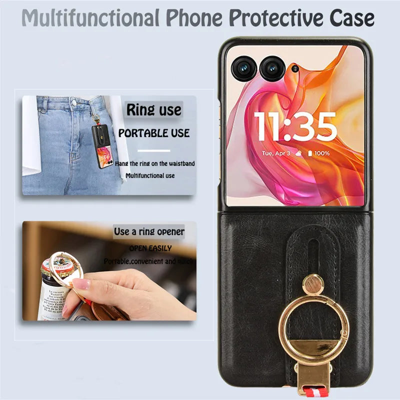 Luxury Wristband Leather Case for Motorola Razr 70 60 50 Ultra 2026 2025 2024 Moto Razr 40 Plus 2023 Cover Ring Opener Funda